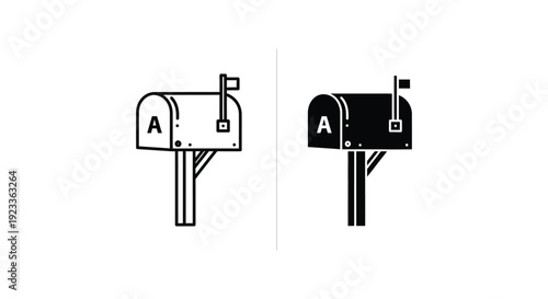 Minimalist mailbox icon set featuring outline and solid black styles for postal delivery and communication concepts