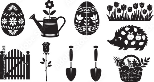 Black and white garden-themed including eggs, watering can, tulips, hedgehog, rose, shovels