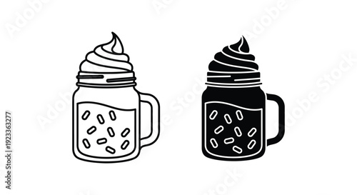 Minimalist vector icons of a delicious milkshake or iced coffee in a mason jar topped with whipped cream, featuring both line art and solid silhouette styles for cafe branding and menu design.
