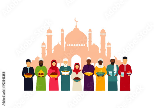 Flat design illustration vector of a diverse group of people standing in front of a mosque, showcasing cultural attire and traditional clothing with vibrant colors.