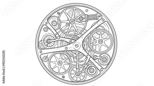 Detailed black and white technical drawing of a complex clockwork mechanism featuring gears, springs, and levers for mechanical and horology themes.