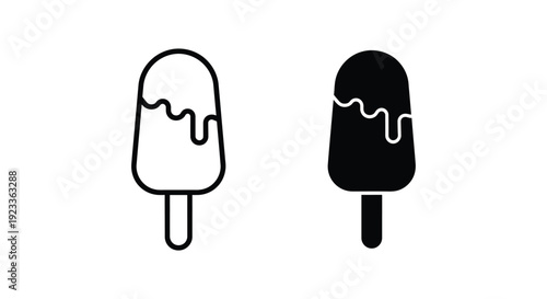 Minimalist black and white popsicle icons featuring a line art and solid silhouette design of a frozen summer treat with melted chocolate topping for graphic design projects.