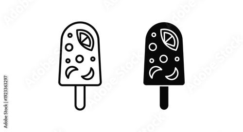 Minimalist fruit popsicle icons in outline and solid black styles featuring citrus slices and berries for summer food design projects