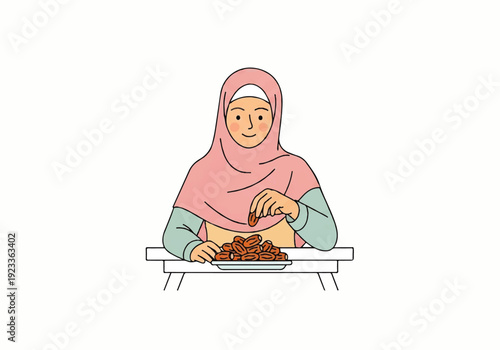 A woman wearing a pink hijab and green shirt sitting at a table, arranging dates in a flat design illustration vector with a simple and clean background.