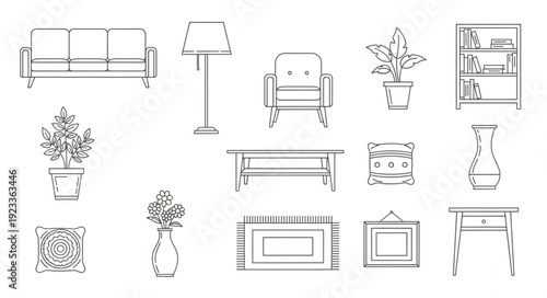Collection of hand-drawn furniture and home decor items.