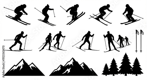 Collection of black and white illustrations depicting various skiing poses and mountainous landscapes