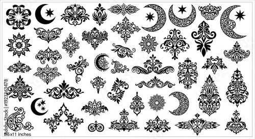 Collection of Islamic Decorative Elements and Crescent Moons.