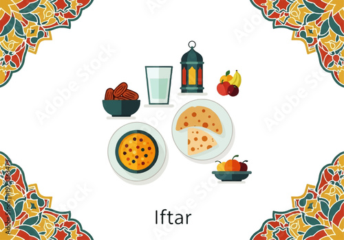 Flat design illustration vector of a traditional iftar meal setting with food and drink on plates and in bowls surrounded by decorative elements.