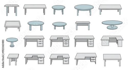 Collection of Office Desks and Tables Isolated on White Background.