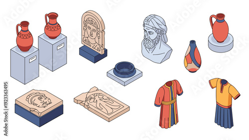 Museum exhibition of Ancient Greek artifacts including marble sculptures, pottery vases, stone reliefs, and traditional garments.