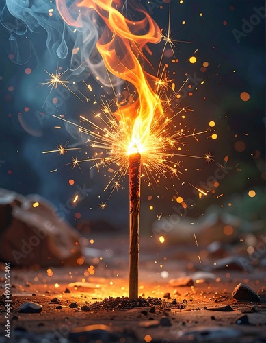 A lit sparkler on the ground with smoke and sparks