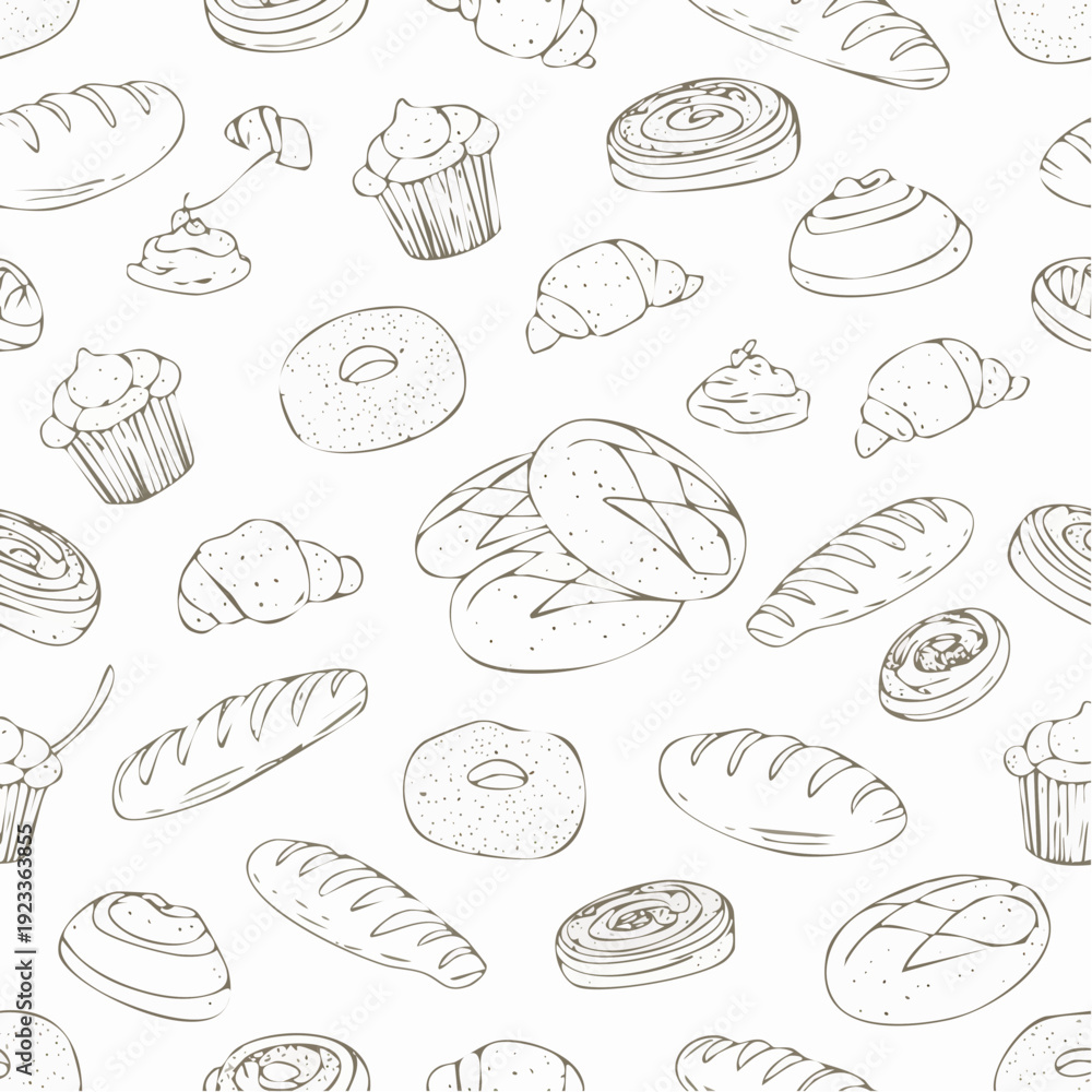 custom made wallpaper toronto digitalSeamless Pattern of HandDrawn Bakery Products Bread Croissants Cupcakes and Donuts.