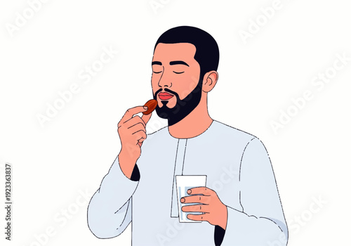 Flat design illustration vector of a man eating a chocolate bar and holding a glass of milk on a white background.