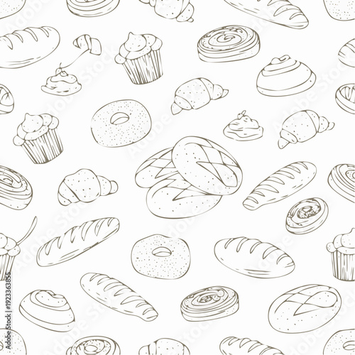 Wallpaper Mural Seamless Pattern of HandDrawn Bakery Products Bread Croissants Cupcakes and Donuts. Torontodigital.ca