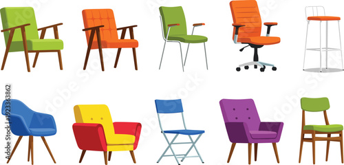 Modern Chair Collection Vector Set Featuring Office Seating Dining Chairs and Lounge Furniture for Interior Design and Home Decor Projects