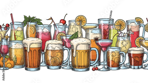 Extensive collection of alcoholic beverages including colorful cocktails, glasses of beer, and wine shown in a seamless banner style.