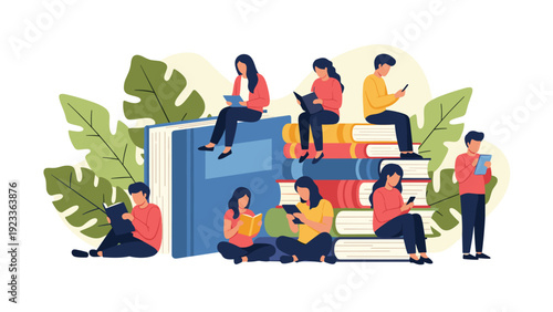 Conceptual illustration of people sitting and reading on top of a giant pile of books, symbolizing the power of knowledge and literacy.