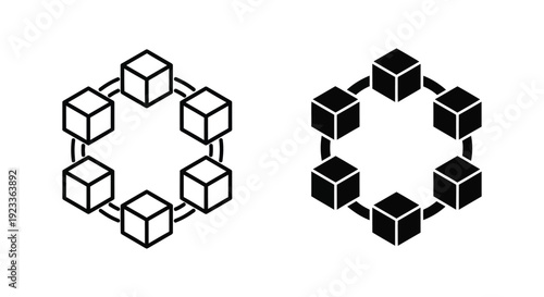 Set of minimalist blockchain and decentralized network icons featuring interconnected cubes in a hexagonal structure for digital infrastructure and cryptocurrency technology concepts.