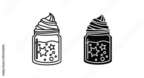 Minimalist mason jar icons with whipped cream topping and sparkling stars inside for cafe menus and magical beverage branding