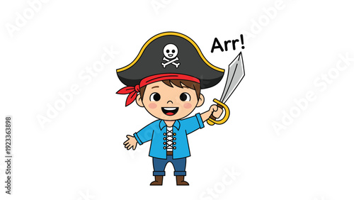 Cute young boy dressed in a pirate costume with a hat, sword, and bandana shouting a classic pirate greeting for costume themes.