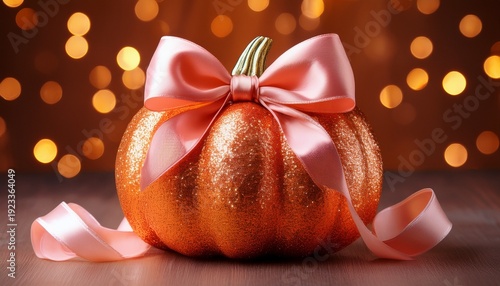 A Sparkling Orange Pumpkin Adorned With A Shimmering Peach Bow Perfect For Festive Autumn And Halloween Decorations And Designs