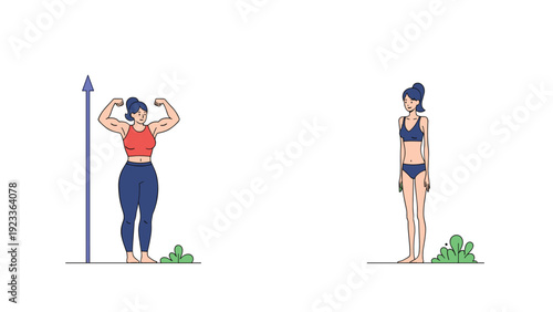 Body comparison illustration featuring a muscular athletic woman flexing her biceps next to a slender woman for fitness concepts.