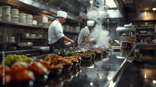 Chefs cooking in a busy restaurant kitchen, steam rising from dishes prepared with fresh ingredients