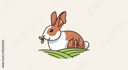 Cartoon Rabbit Eating Leaf on Grass.