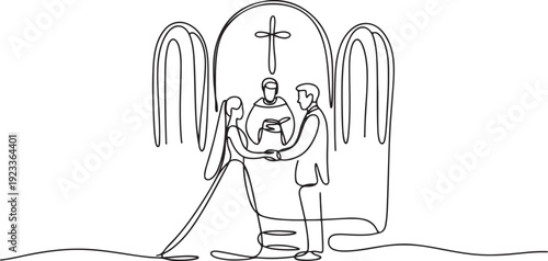 a wedding in christian religion.one line drawing of a priest marrying a bride and groom in a church.one line vector illustration with out Background