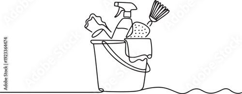 Bucket with cleaning supplies in one continuous line drawing. Cleanup and washing concept in simple linear style.one line vector illustration with out Background