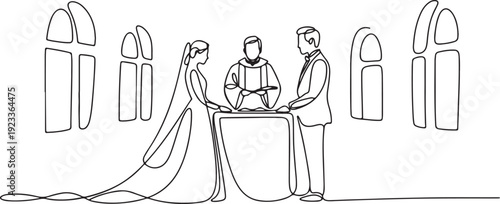 a wedding in christian religion.one line drawing of a priest marrying a bride and groom in a church.one line vector illustration with out Background