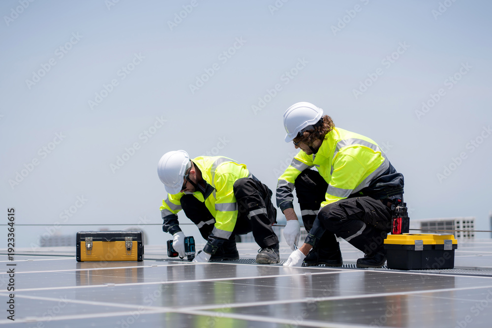 Fototapeta premium Professional solar panel installer engineer team installing photovoltaic system renewable energy power rooftop, electrical technician maintenance sustainable technology, renewable electricity energy.