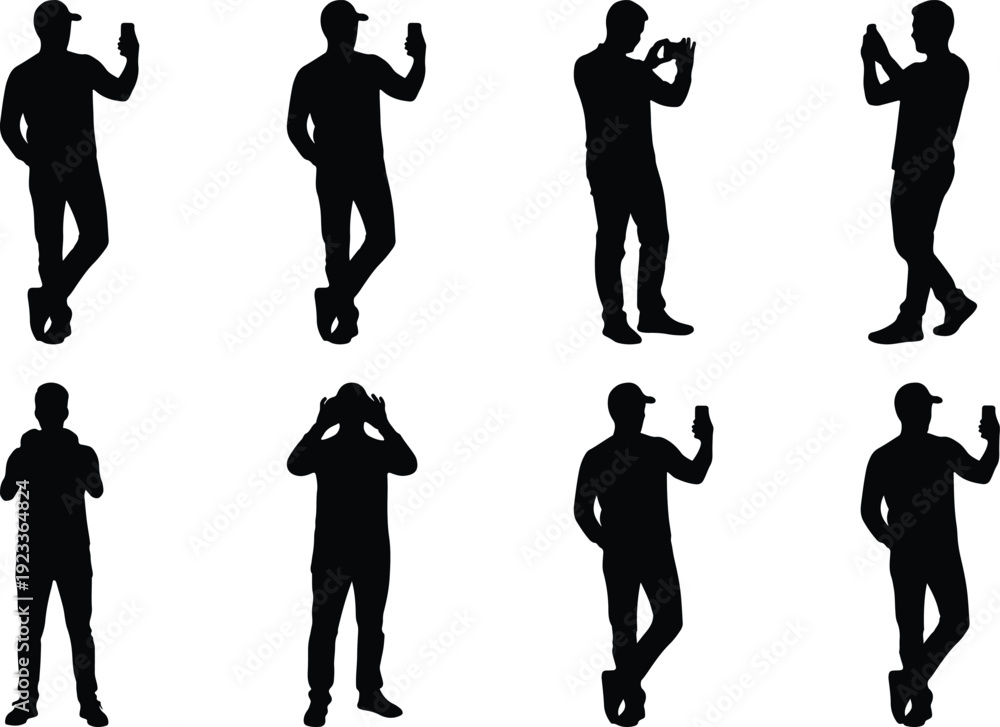 Fototapeta premium Silhouettes of people in various dynamic smartphone usage poses