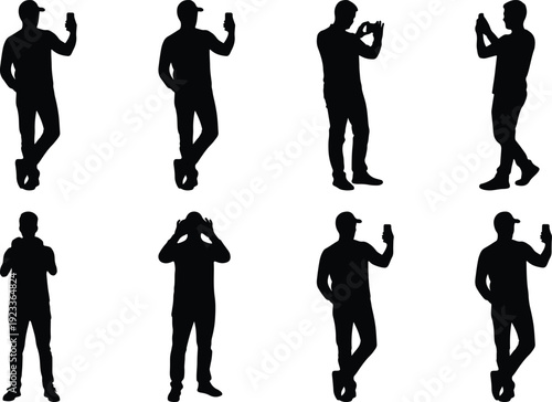 Silhouettes of people in various dynamic smartphone usage poses