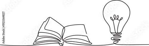 continuous line drawing of open book and light bulb.one line vector drawing of book and light bulb.concept of education.one line vector illustration with out Background