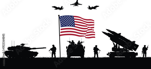 Military Silhouette with Soldiers, Tank, Missile Launcher, and United States Flag Illustration, Defense Forces Concept for Security, Warfare, and Patriotism Themes