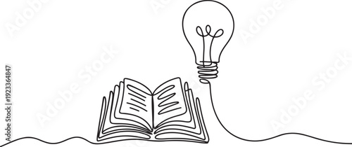 continuous line drawing of open book and light bulb.one line vector drawing of book and light bulb.concept of education.one line vector illustration with out Background