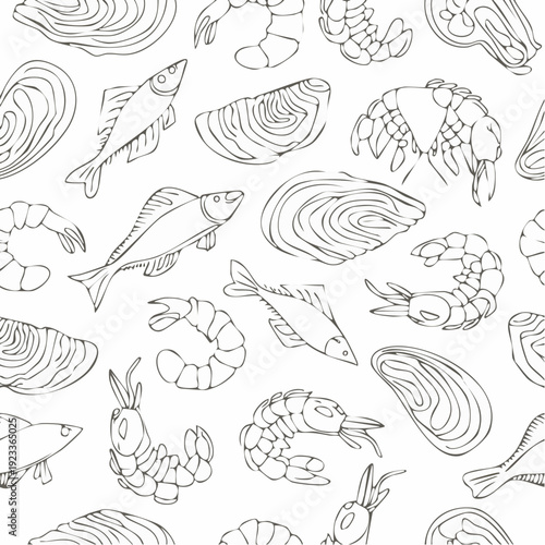 Seamless pattern of handdrawn seafood including fish shrimp and mussels in a line art style.