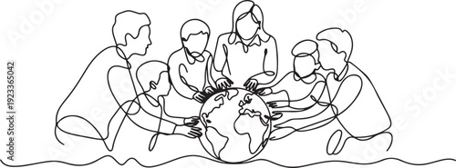 continuous line of teachers and students looking at a globe.one line drawing of geography learning school activities.one line vector illustration with out Background