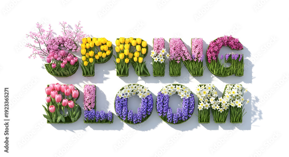 custom made wallpaper toronto digitalSPRING BLOOM typography filled with colorful flower garden and pastel blossoms.