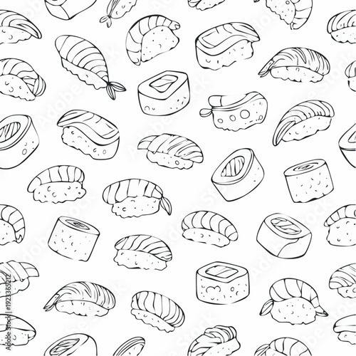 Seamless pattern of handdrawn sushi and rolls in black and white.