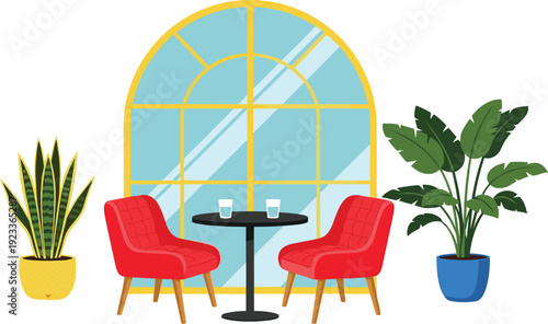 Modern Cafe Interior with Red Chairs, Table, and Indoor Plants Illustration, Cozy Meeting Space Concept for Restaurant and Home Decor Design