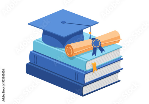 A blue graduation cap and rolled diploma with a blue ribbon sit upon a stack of three books, symbolizing the rewarding culmination of dedicated academic learning and educational growth over the years