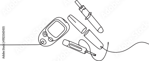 Continuous one line drawing of diabetes equipment's. Medical health care concept. Minimalistic art.one line vector illustration with out Background