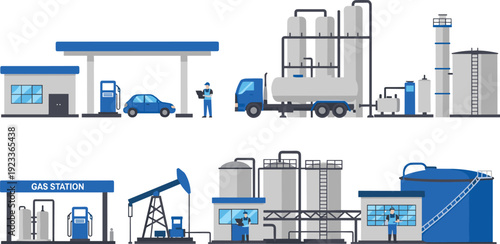 Oil and Gas Industry Facilities Collection with Refinery, Storage Tanks, and Gas Station Illustration Set for Energy Production and Industrial Design