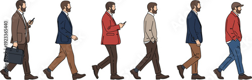 Businessman Walking Sequence Illustration Set with Different Outfits and Poses, Urban Professional Lifestyle Concept for Corporate, Workday, and Motion Design
