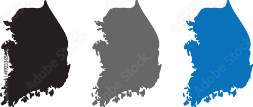 South Korea Map Silhouette Set – Vector Outline Icons of Republic of Korea in Black, Grey, and Blue Colors for Infographic, Travel, and Business Design
