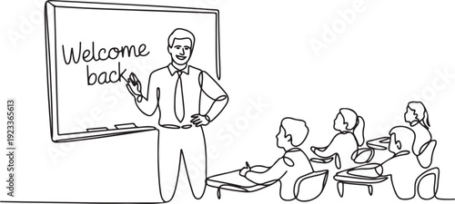 Continuous one single line drawing teacher welcoming children back to school. education, school, teacher standing in front of students and writing on the blackboard.one line vector illustration 