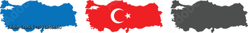 Turkey Map Silhouette Collection: Vector Set Featuring Blue, National Flag, and Black Solid Icons on White Background