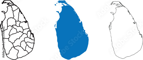 Sri Lanka Map Vector Set: Detailed District Outlines, Solid Blue Silhouette, and Minimalist Coastal Border Illustrations for Infographics and Geography Design